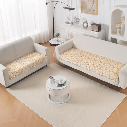 Image of HOKIPO Sunlit Butterfly Quilted Sofa Cover 5 Seater Set with Tassels - Washable 3+2 Sofa Cover Mat |'Tassel Twigs' Series (IN-985-T3 + IN-983-T3)