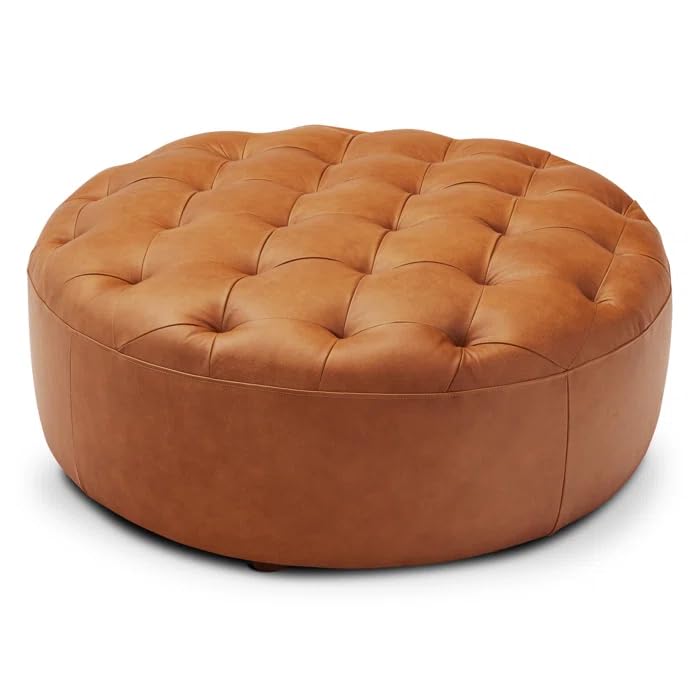 PREDELLA Leather Tufted Round Cocktail Ottoman Coffee Table, Center Table, Circle Table,Bar Table Sofa Side Tables,Coffee Tables for Living Room,Farmhouse,Breakfast Table