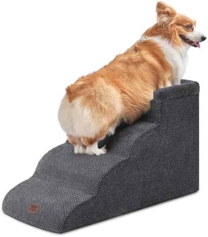 EHEYCIGA Hundetreppe für Kleine Hunde 45 cm Hoch, 4 Stufen, Grau | Rutschfeste Haustiertreppe für Sofa & Bett, Hochdichter Schaumstoff, Waschbarer Bezug, Gelenkschonend für Hunde &