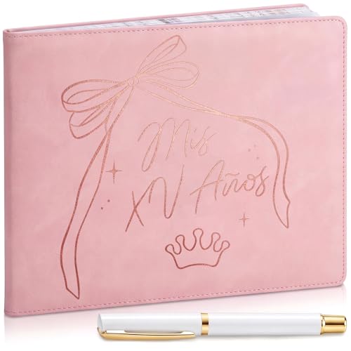 Image of MotiMind Quinceanera Guest Book with Pen 11 x 8 Inch Libro De Firmas Para 15 Anos Quinceanera Leather Hardcover Signature Guest Sign in Book for 15th Party Favors Decoration(Light Brown,Bow)