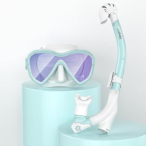 LUXPARD Kids Snorkel Set, Snorkeling Gear for Kids, Anti-Fog Panoramic View Snorkel Mask and Anti-Leak Dry Snorkel Tube, Snorkel Kit Bag Included (Blue with Coated Lens) Cover