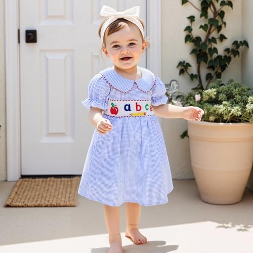 Toddler Baby Girl Back to School Outfit First Day of School Pre K Plaid Smocked Short Sleeve Dress Summer Clothes3