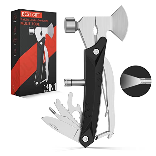 Gifts for Men Dad Boyfriend Husband, 14 in 1 Multitool Axe Camping Accessories Survival Gear with Hammer Knife Saw Screwdriver Pliers, Fathers Day Birthday Gifts from Daughter Son Wife