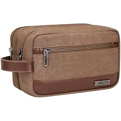 WITZMAN Canvas Toiletry Bag for Men Travel Toiletries Dopp Kit Multi-pocket | With Dry-wet Separation Pocket, Side Handle for Hanging, Lightweight, For Daily Use, Bathroom, Make up, A8001 Brown