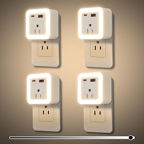 Image of JackonLux Night Lights Plug Into Wall 4 Pack Rechargeable Battery Backup Light Dusk to Dawn Sensor Night Light with Outlet Expander for Adults Kids Bedroom, Kitchen, and Bathroom