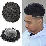 All PU Afro Toupee for Black Men Brazilian Human Hair Replacement System African American Men Hairpiece Kinky Curly Black Mens Hair Units Male Hair Prosthesis 10MM WAVE, 1B# OFF BLACK
