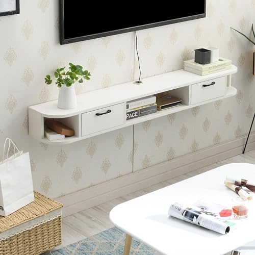 Support TV mural bois 150 cm avec console et étagère flottante - 6