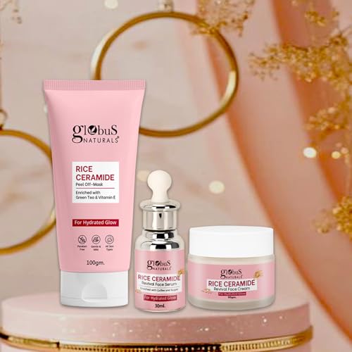 Image of Globus Naturals Rice Ceramide Korean Glass Skin 3 Step Skincare Set | Face Serum, Face Cream & Peel Off Mask | Brightening & Glow Care for Men & Women