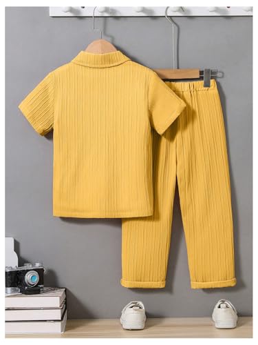 Image of RoseSeek Boy's 2 Piece Outfits Textured Button Down Short Sleeve Collar Shirts Tops and Elastic Waisted Pants