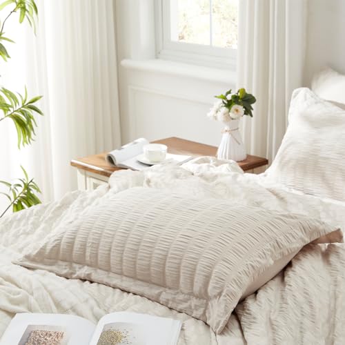 Image of Zzlpp Twin Comforter Set 5 Pieces, Beige Seersucker Bed in a Bag with Comforter and Sheets, All Season Bedding Sets with 1 Comforter, 1 Pillow Sham, 1 Pillowcase, 1 Flat Sheet, 1 Fitted Sheet
