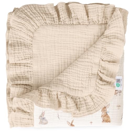Image of lulumoon Muslin Baby Blanket for Girls: Breathable Soft Cotton with Ruffle Edge - Lightweight Crib Blanket for Stroller & Photography Backdrop 40"x36"(Bunny)