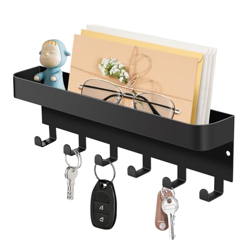 RELBRO Soporte magnético para llaves de pared, estante de metal con estante, 6 ganchos, 2 opciones de instalación, color negro