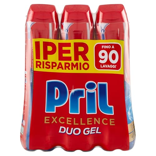 Pril Excellence Duo Gel, Detersivo lavastoviglie Gel, Azione Sciogligrasso, Formato da 3 Confezioni da 30 Lavaggi, totale 90 lavaggi