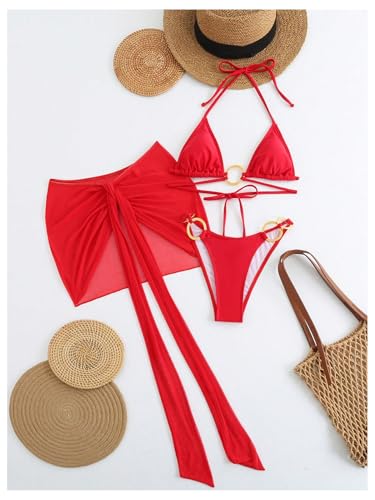 Verdusa Women's 3 Piece Halter String Bikini Set Metal Ring High Cut Swimsuit with Cover Up Skirt3
