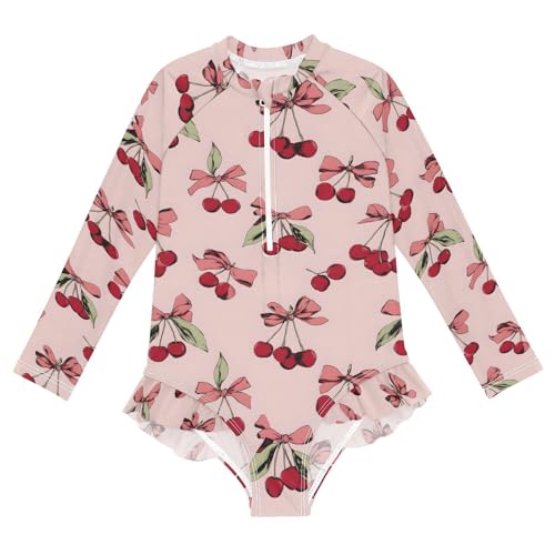 ALAZA Cherry Bow Lovely Girls One Piece Swimsuit Long Sleeve Rash Guard Swimsuits UV 50+ Swimwear Zipper