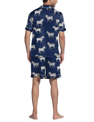 Image of Ekouaer Mens Satin Pajamas Set Button-Down Short Sleeve Shirt Top Soft Silk Sleepwear Shorts with Pockets