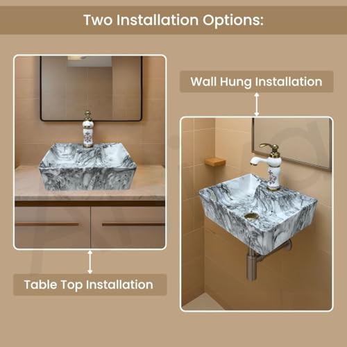 Image of Artiva Ceramic Wall Mounted Bathroom Basin /Designer Table Top Sink For Bathroom /Wall Hung Washbasin /Wash Basin For Cabinet, Countertop, Vanity (Canyon Silver 16 x 12 x 5 Inch)