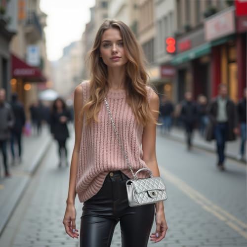 Small Quilted Crossbody Bags for Women, Genuine Leather Shoulder Bag w/Gold Chain Strap, Mini Top Handle Flap Purse2