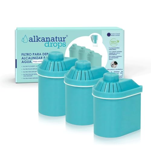 Pack 3 Filtros Alkanatur Drops Ecológicos Baja Emisión - Depura Alcaliniza Hidrogena Ioniza - Elimina Cloro Metales Pesados Pesticidas Añade Magnesio pH 9 - Certificado Libre Tóxicos - ALKANATUR