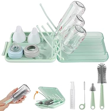 AMAZON - Bottle Brush Set -Baby Travel Essential-6 in 1 Bottle Cleaner Kit with Silicone Bottle Brush,Nipple Cleaner Brush,Straw Brush,Soap Dispenser,Storage Box,Bottle Drying Rack for Home and Travel(Green)