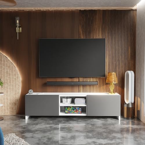 Image of Modern Living Room TV Stand with Open Display Compartment, Dual Side Storage Units, and Clean Contemporary Design for Home Decor | Assembly-DIY | Color-White & Grey
