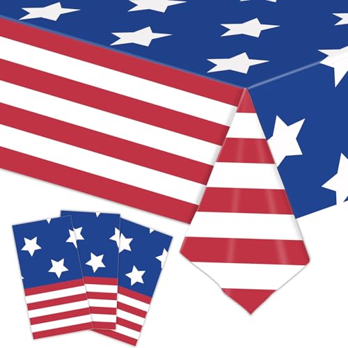 Image of 3pcs 4th of July Tablecloth - Patriotic American Flag Table Cloth, Plastic Disposable Rectangle USA Star Stripe Table Cover for Memorial Day, Fourth of July Independence Day Decorations, 54 inch x 108 inch