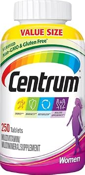 Centrum Multivitamin for Women, Multivitamin/Multimineral Supplement with Iron, Vitamin D3, B Vitamins and Antioxidant Vitamins C and E, Tablet, Gluten Free, Non-GMO Ingredients - 250 Count
