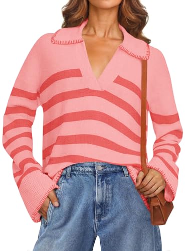 Image of MEROKEETY Women's 2024 Fall Oversized Striped Sweater Collared V Neck Long Sleeve Trendy Knit Pullover Tops