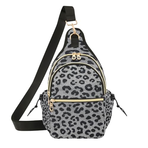 Sac à bandoulière réglable pailleté au motif faux léopard gris