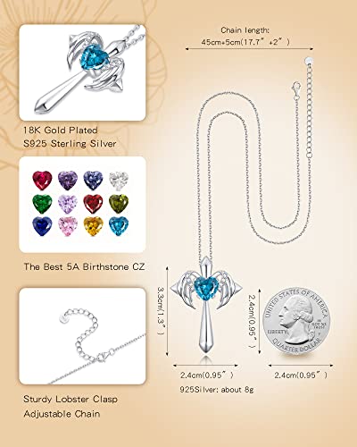 Theceros Sterling Silver Cross Necklace For Women, Angel Wings 18K Gold Plated Birthstone Necklaces, Personalized Jewelry Gift For Women Wife Girlfriend Her #TOP4