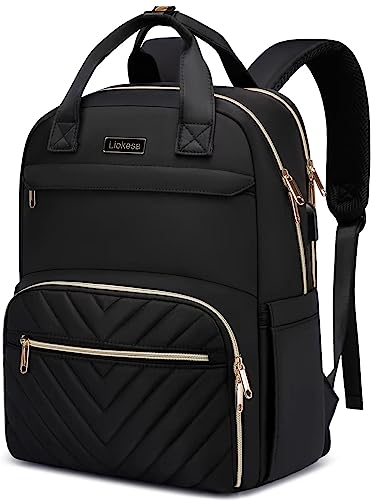 Liokesa Lunch Backpack for Women, Water Resistant Insulated Cooler Lunch Bag, 15.6 inch Laptop Backpacks with USB Port, Picnic Backpack with Lunch Box, for College Work Camping Beaches, Black