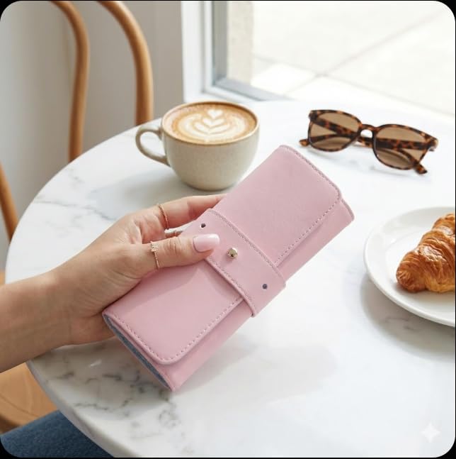 Image of Folk Creations Watch Roll for 4 Watches | Vegan Leather Travel Case for Women & Men | Velvet Cushion Organizer | Gift for Collectors | Scratch-Proof Watch Storage Box, Pink