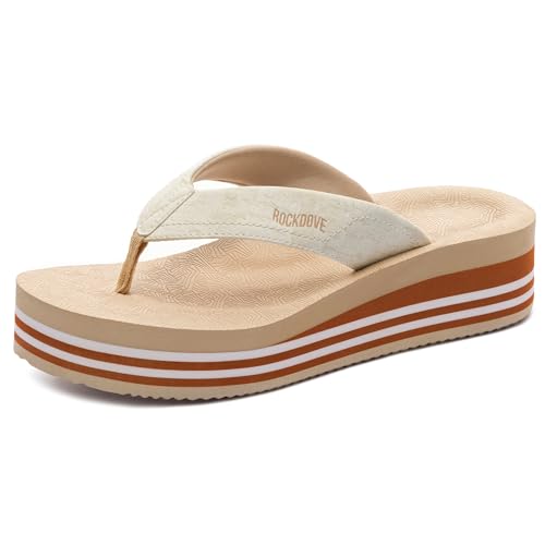 Image of RockDove Womens Vista Platform Flip Flops Stylish Summer Sandals, 7, Beige | Wedge, Non-Slip, Cushioned, Open Toe, Waterproof, Indoor /Outdoor Sole, Beach Vacation, Comfortable, Skin-Friendly, Gift