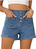 Sidefeel Women's Jean Shorts High Waisted Button Fly Stretchy Summer Denim Shorts with Pockets Dark Blue Size 14