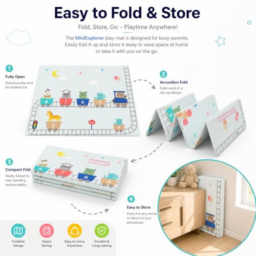 Image of MiniExplorer Double-Sided Waterproof Baby Floor Mat | Extra Large 6.5 x 4.5 ft | 8mm Thick Foam Play Mat | BPA Free, Foldable, Reversible Crawling & Tummy Time Mat for Babies & Kids - Sea & Giraffe