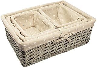 woodluv Rustic Set of 4 Wicker Gift Hamper Storage Basket, Daisy Printed Lining