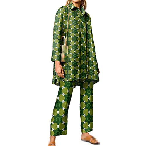 Lady Office Sets Print Vintage Oversized Shirts Loose High Waist Wide Leg Pants Suits Outfits