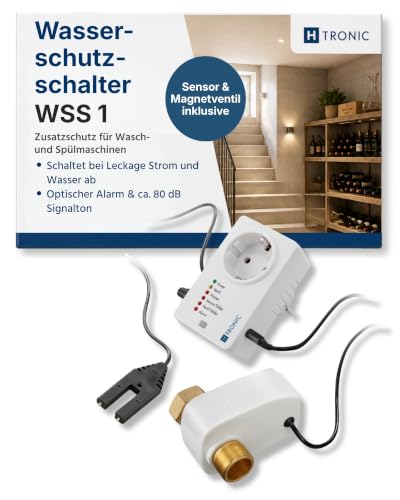 H-Tronic Wasserschutzschalter WSS 1 I Wassermelder mit Abschaltautomatik | Leckageschutz für Waschmaschine & Spülmaschine I Netzbetrieben ohne Batteriewechsel I Inkl. Wassersensor
