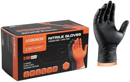 ANBOSON 10mil Heavy Duty Nitrile Gloves Large Black Disposable Rubber Gloves with Diamond Grip Anti Chemical Puncture Resistant Mechanics Guantes for Men/Auto repair/Cooking/Food Grade-Latex Free-100
