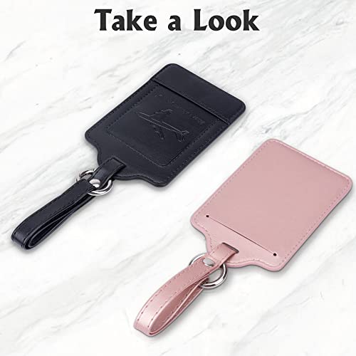 Arae Luggage Tags Travel Accessories for Suitcase Handbags Backpacks, PU Leather Luggage Tag with ID Label and Full Privacy Protection - 2 Packs, Black+Rose Gold - Thumbnail 3