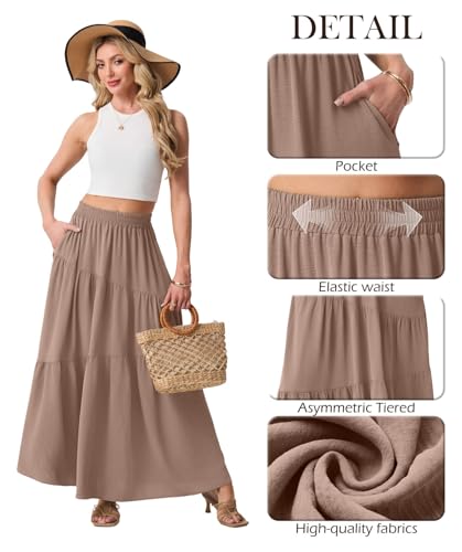 GRECERELLE Women's Coffee Gray Maxi Skirt for Women Elastic High Waist Boho Tiered A-Line Long Skirts with Pockets, XS — view 4