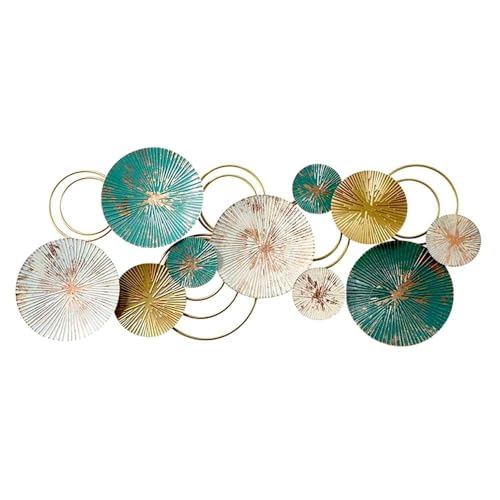 Image of URBAN INSPIRATIONS LARGE METAL WALL ART - PREMIUM HANDCRAFTED ANTIQUE GOLD & TURQUOISE GREEN CIRCLE DESIGN | MODERN HOME WALL DECOR FOR LIVING ROOM, BEDROOM, OFFICE, HALL, HOTELS & CAFES | IRON DECORATIVE PIECE 46X19 INCH