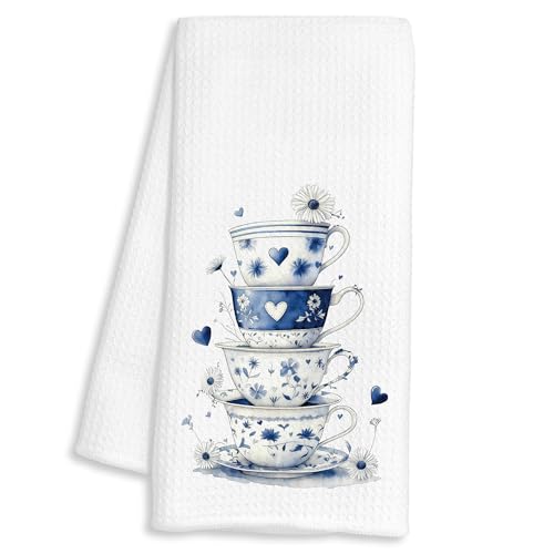 FTKBGHY Chinoiserie Floral Teacups Kitchen Towels, Tea Lover Gifts for Women, Vintage Blue and White Tea Cups Decorative Dish Hand Tea Towels for Kitchen Coffee Bar, 16x24 Inch