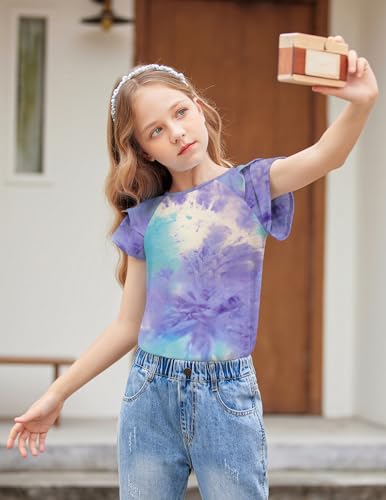 Image of Girls T Shirts Ruffle Short Sleeve Round Neck Loose Blouse Summer Solid Color Casual Girl Tee Tops for 3-12 Years