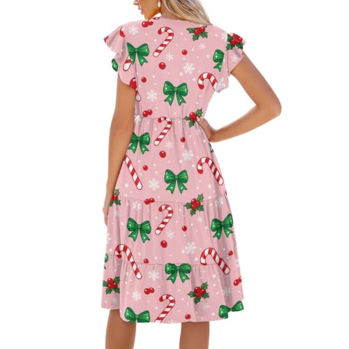 Image of Women's Casual Ruffle Sleeve Dress V Neck Pullover Dress Flowy A-Line Pleated Lightweight Dress with Pockets