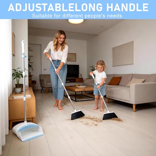 Image of Broom with Dustpan Combo Set for Home 54-in Long Adjustable Handle Angle Broom and Dustpan Set with Dustpan Comb Teeth for Sweeping Pet Hair Food Dirt Kitchen