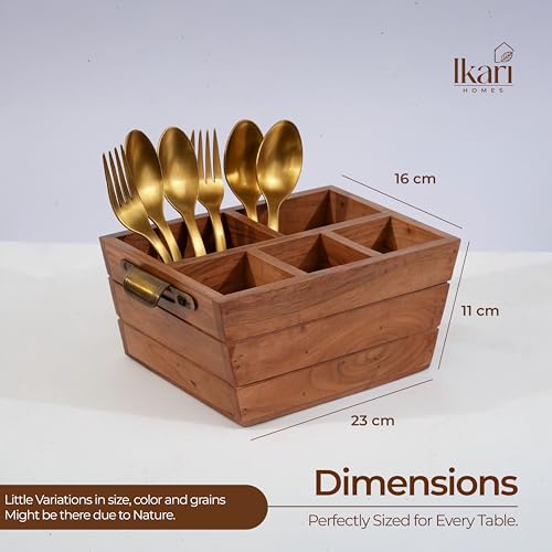 Image of Ikari Homes Acacia Cutlery Stand I Boho Premium Wooden Caddy I Spoon knife Fork Tissue Holder Stand I Cutlery Stand I Premium Acacia Wood I Big size with 5 Multi compartments - 23x16x11 cm
