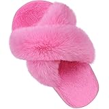 Girl's Soft Plush Lightweight House Slippers Non Slip Cross Band Slip on Open Toe Cozy Indoor Outdoor Slippers HP33 Hot Pink
