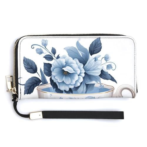 Vintage Teacup with Floral PU Leather Clutch Long Bifold Wallet, Coin Purse Credit Pass Case, Durable Card-Holder Money Storage for Women Men