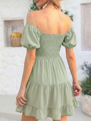 Image of Veatzaer Women's Puff Sleeve Square Neck Smocked Babydoll Dress Boho Floral Print Off Shoulder Ruffle Mini Short Dress